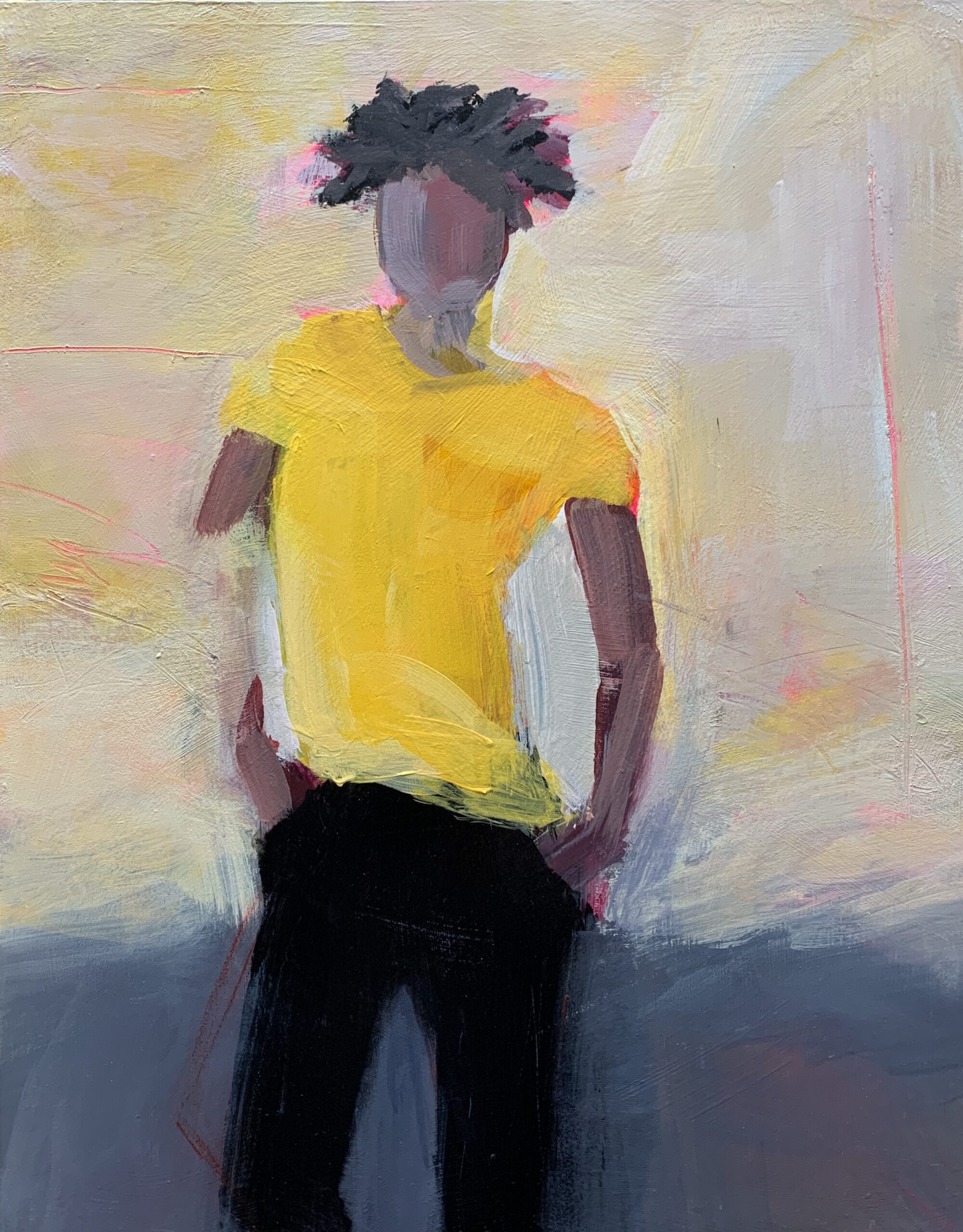 The female figure in this painting is in a bright yellow shirt over black pants against a light background. Her relaxed stance, the colors are all upbeat.