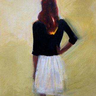 A figure of a woman in a gauzy white skirt and black top emerges from a haze of gold and amber.