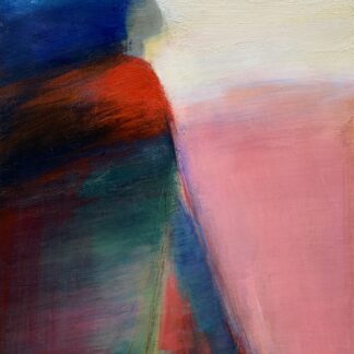 This abstract figure with streaming blue hair and a bright red chest is emerging from dark blues and pinks.