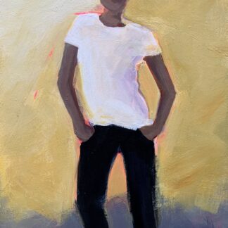 The white shirt on this figure is painted with many colors and stands out against the ochre background.