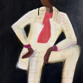 The playful figure in this painting is wearing a white checked suit made up of traces of blues\, gold, pink and green.