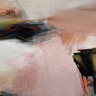 Sweeping shades of pink interrupted by dark shapes create a passionate paintiing.