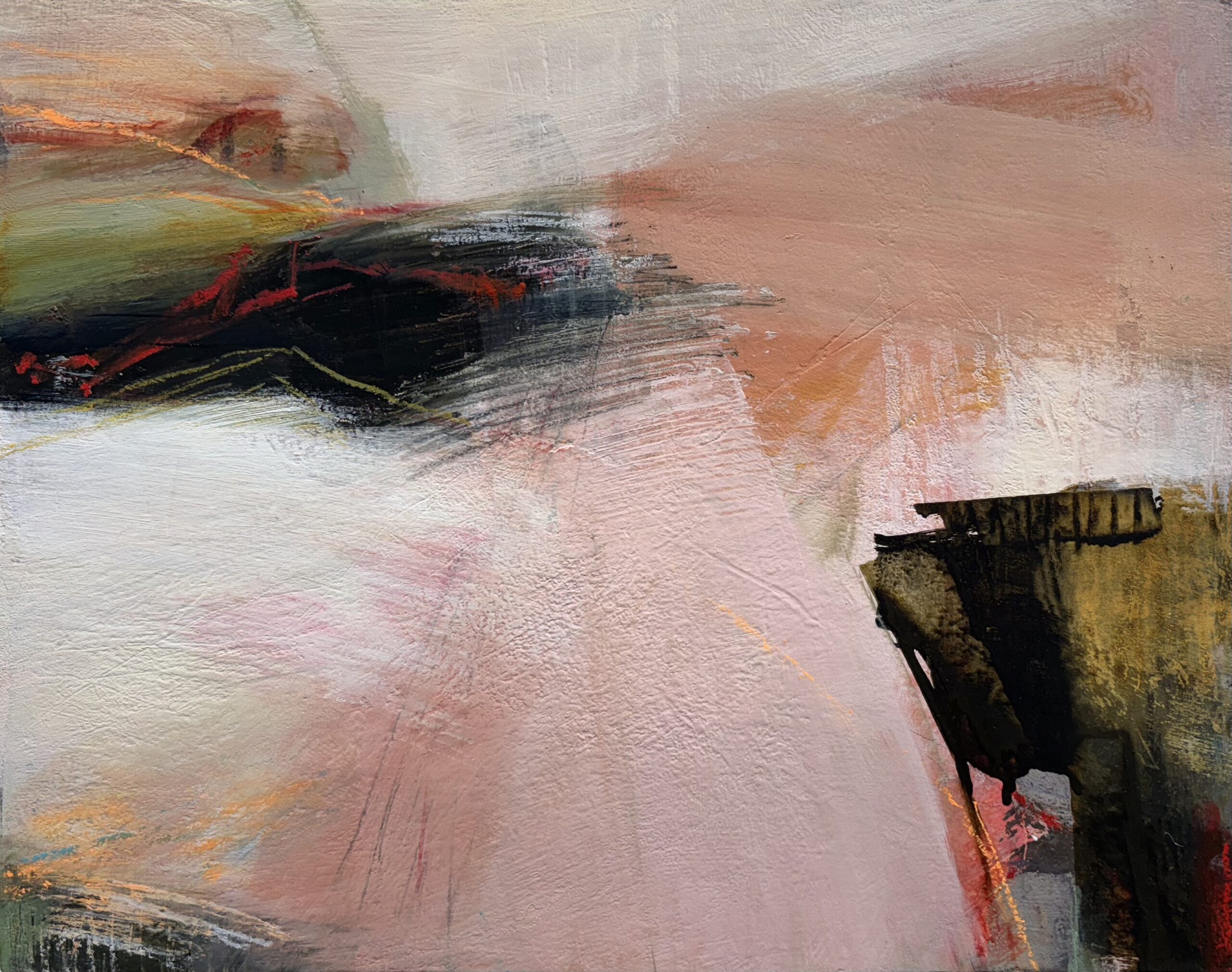 Sweeping shades of pink interrupted by dark shapes create a passionate paintiing.