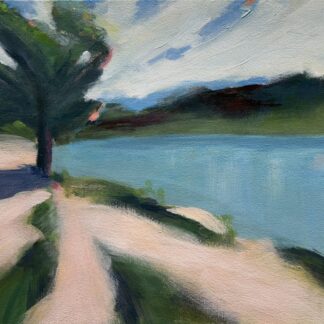 A tree bending in the wind on the light pink shoreline of a blue-green lake under a cloud swept sky.