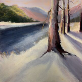 Pink and violet shadows are cast on the snow behind tall trees.