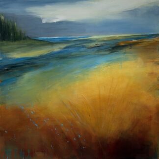 Rust and gold against a blue watery background in this contemporary abstract landscape.