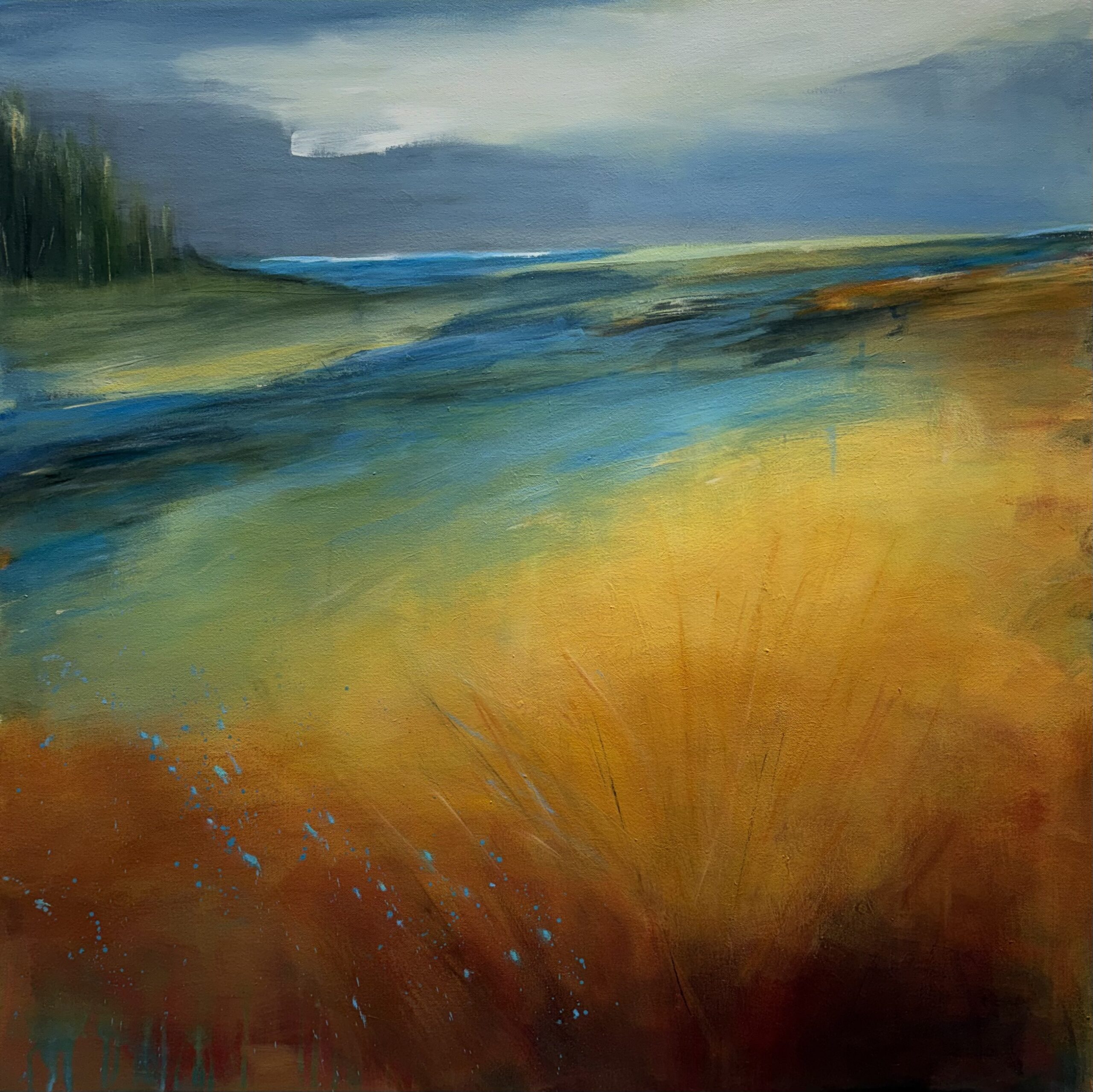 Rust and gold against a blue watery background in this contemporary abstract landscape.