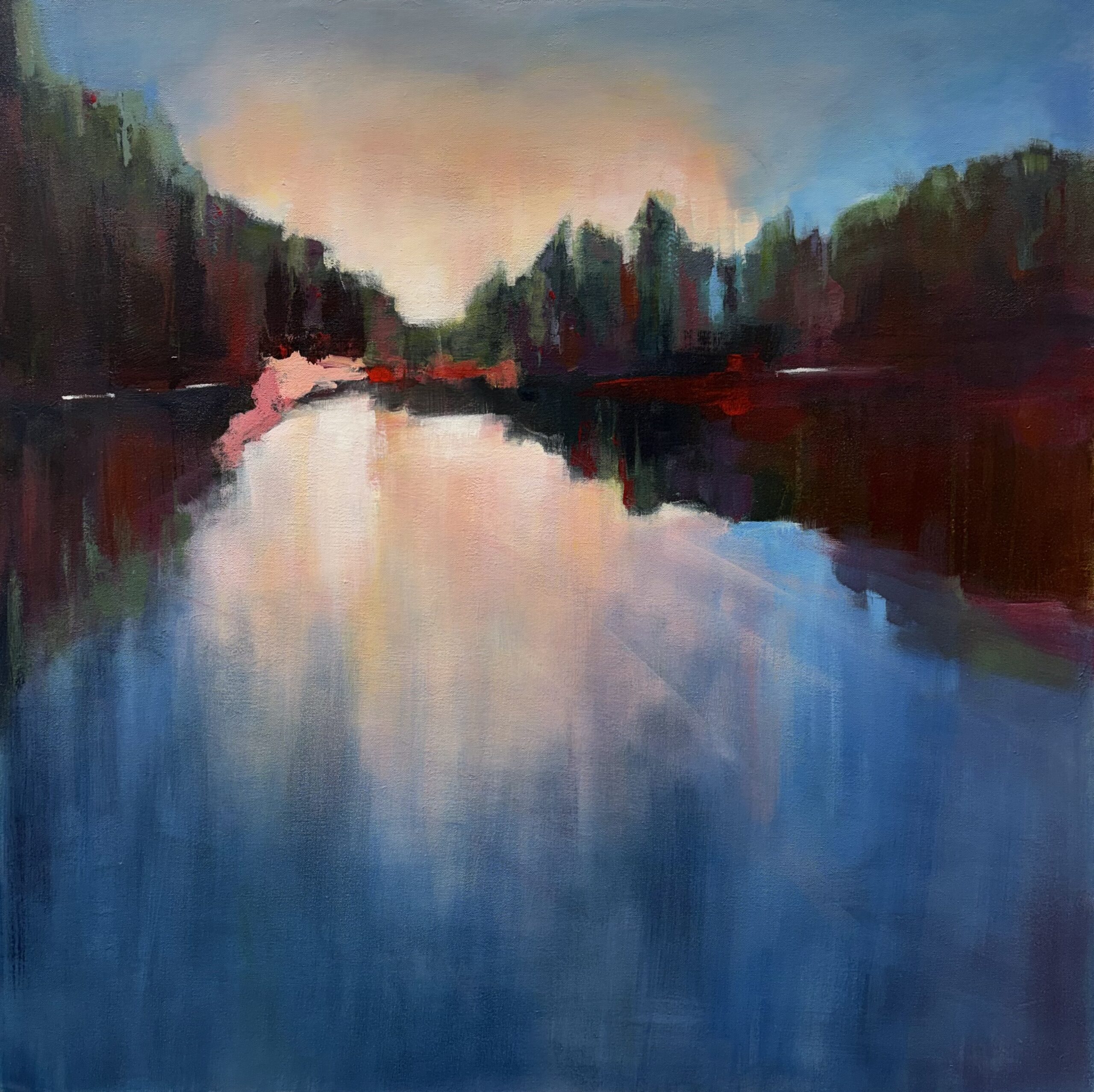 reflection of rosy sunset over dark water. contemporary abstract landscape
