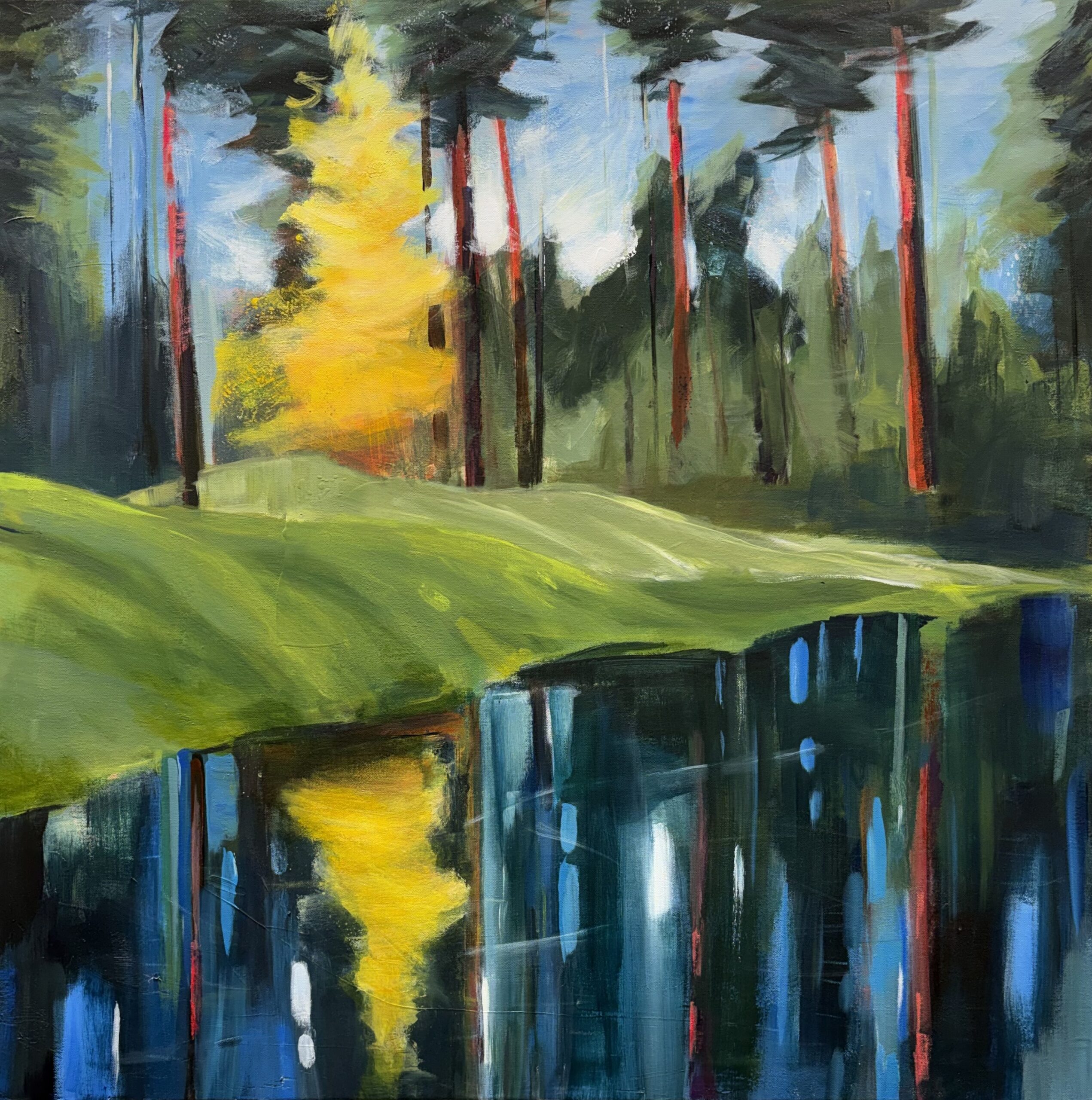 A yellow aspen tree reflected in dark water sparkling with deep sapphire lights in this contemporary abstract landscape.