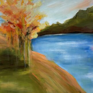 contemporary abstract landscape of a stand of gold Cottonwood trees overlooking a blue lake.