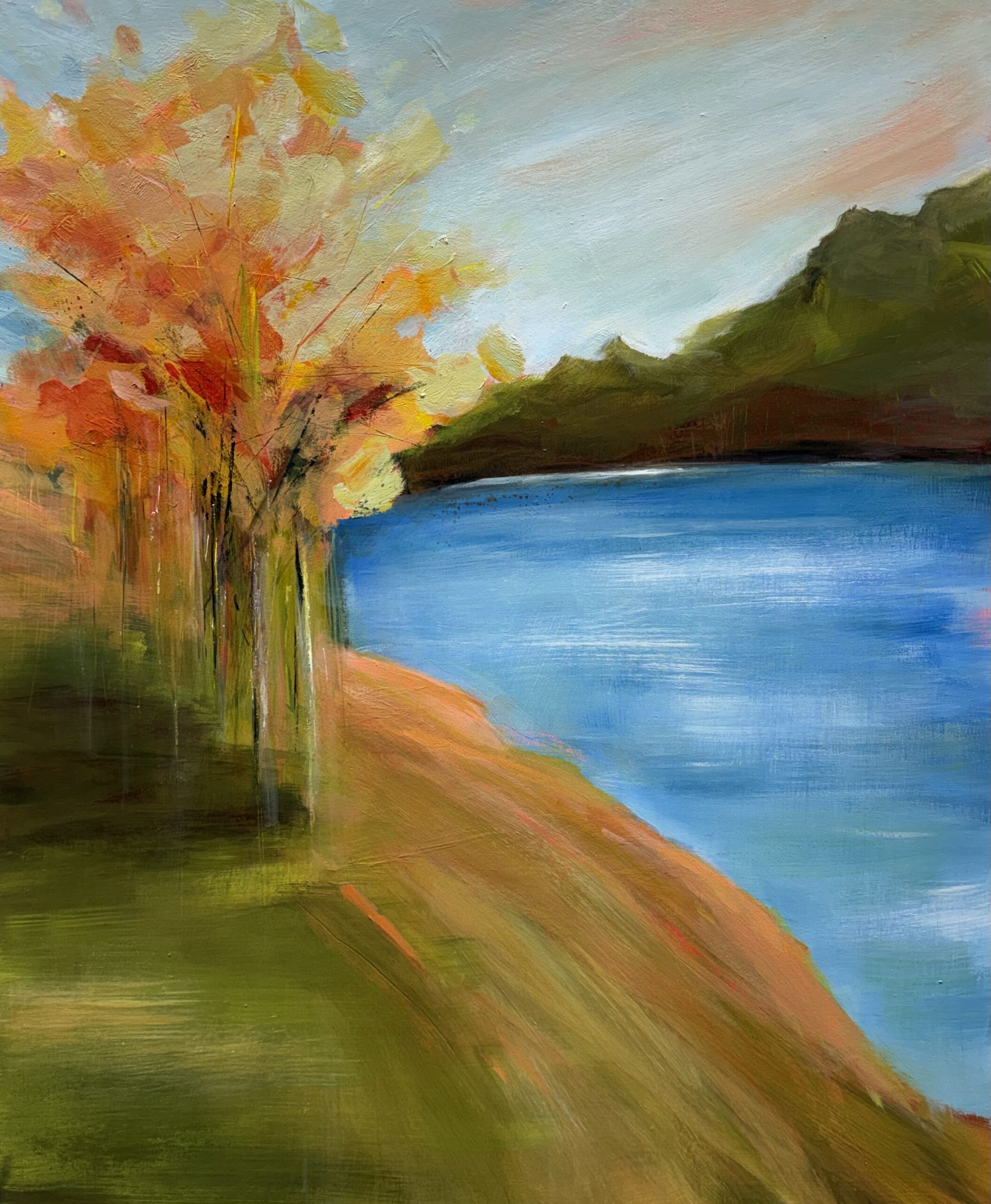 contemporary abstract landscape of a stand of gold Cottonwood trees overlooking a blue lake.